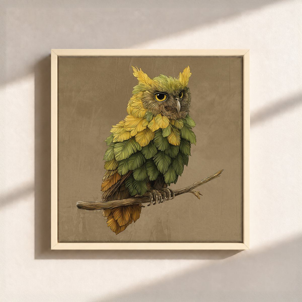 Owl Made By Leaves Canvas Print (Framed)