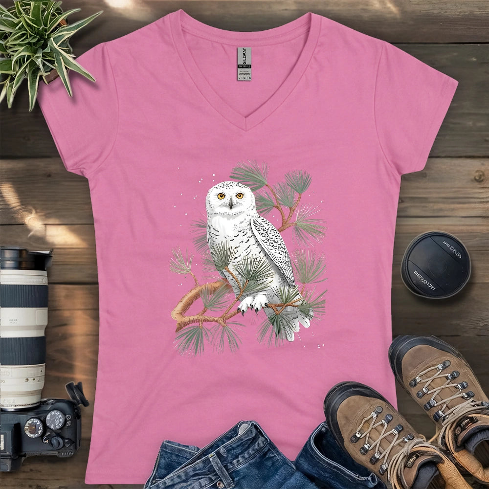 Snowy Owl On Coniferous Tree Lady V-neck