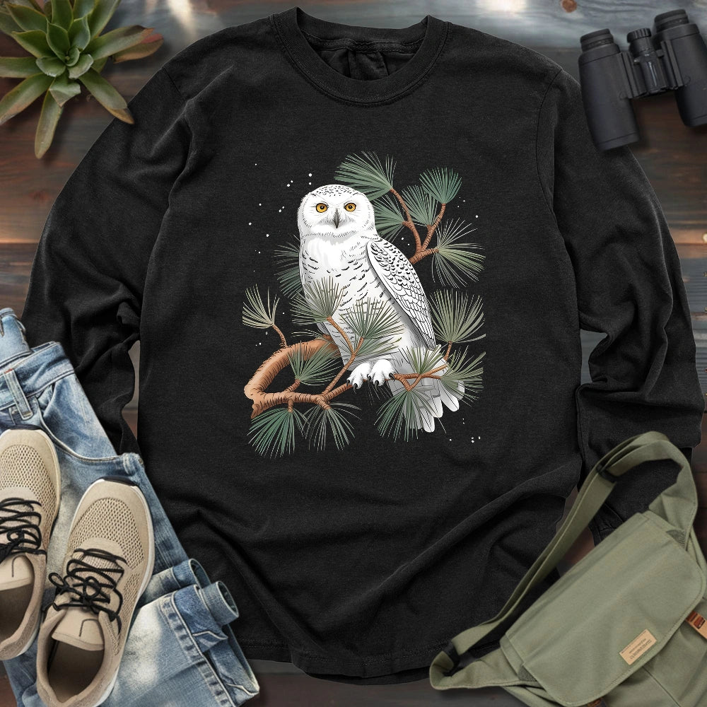 Snowy Owl On Coniferous Tree Long Sleeve T-shirt