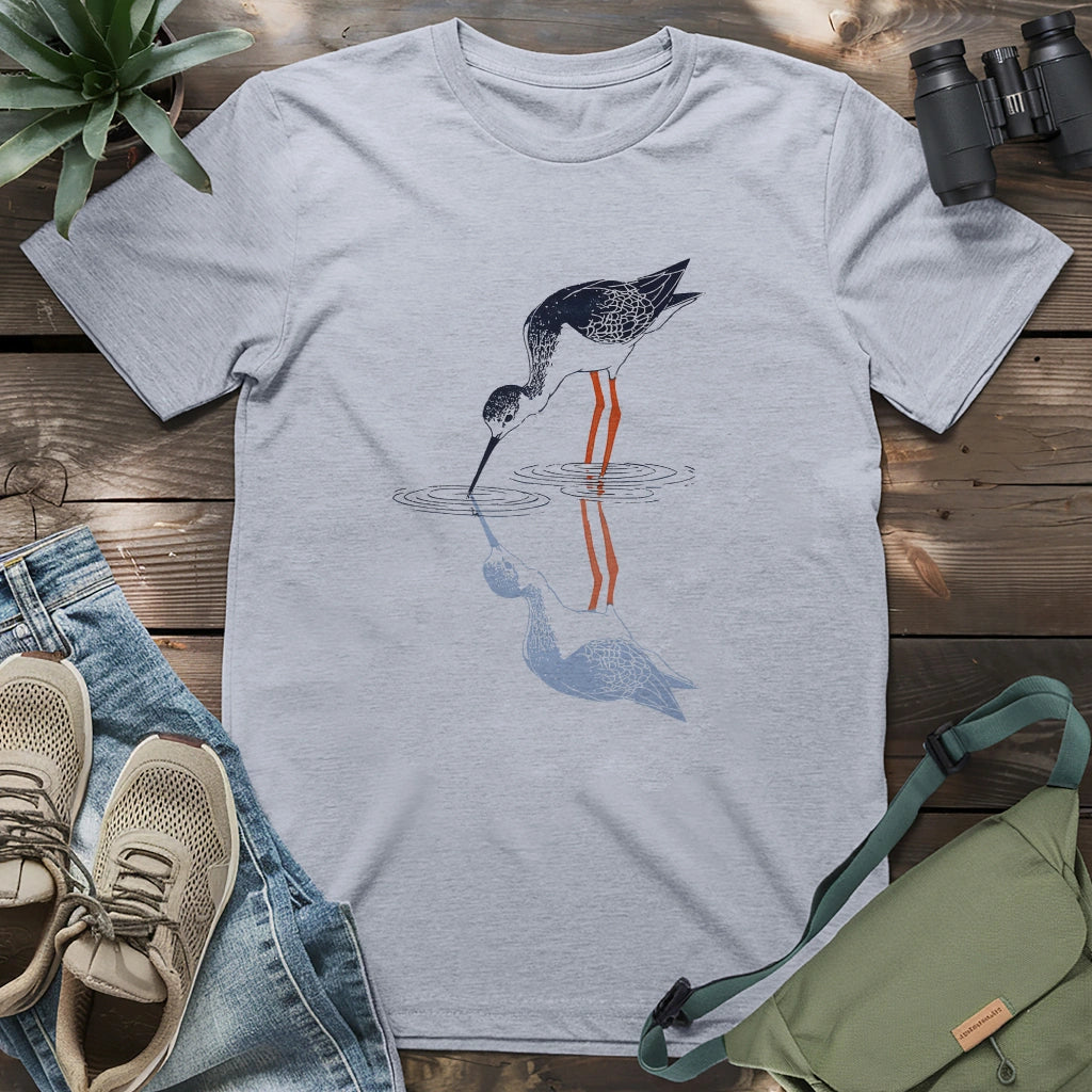 Black-necked stilt shadow on water shirt.