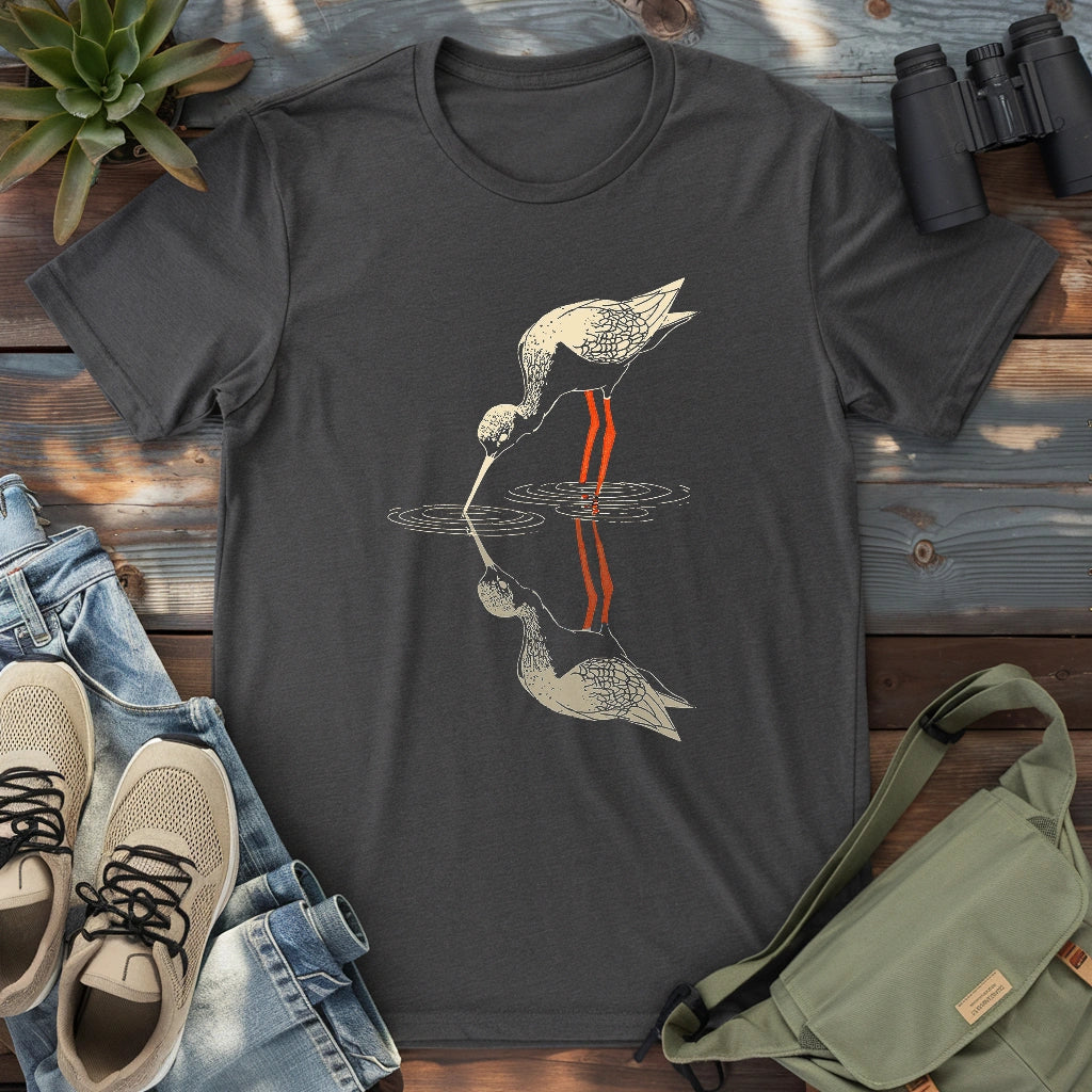 Black-necked stilt shadow on water shirt.