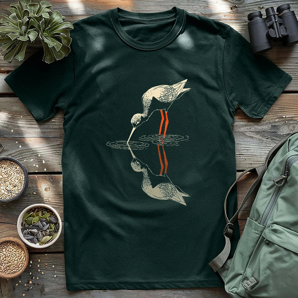 Black-necked stilt shadow on water shirt.