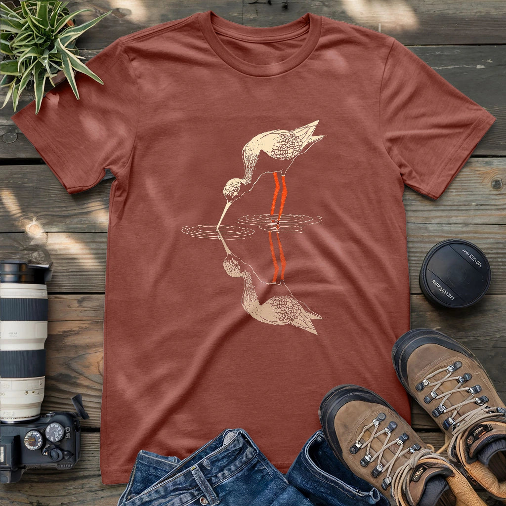 Black-necked stilt shadow on water shirt.
