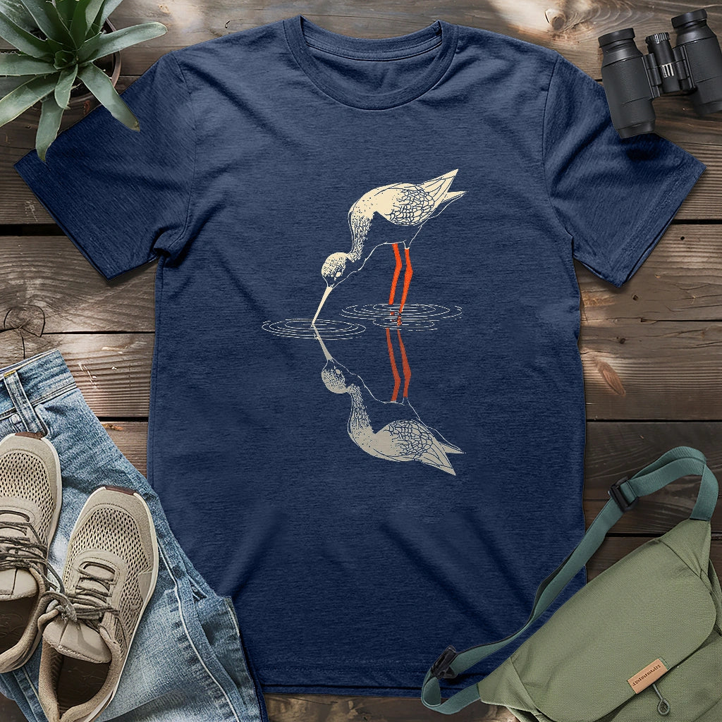 Black-necked stilt shadow on water shirt.