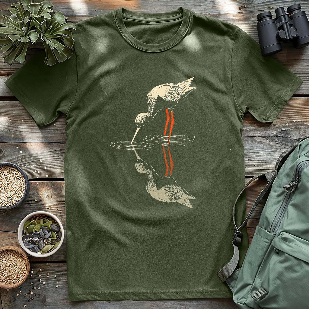 Black-necked stilt shadow on water shirt.