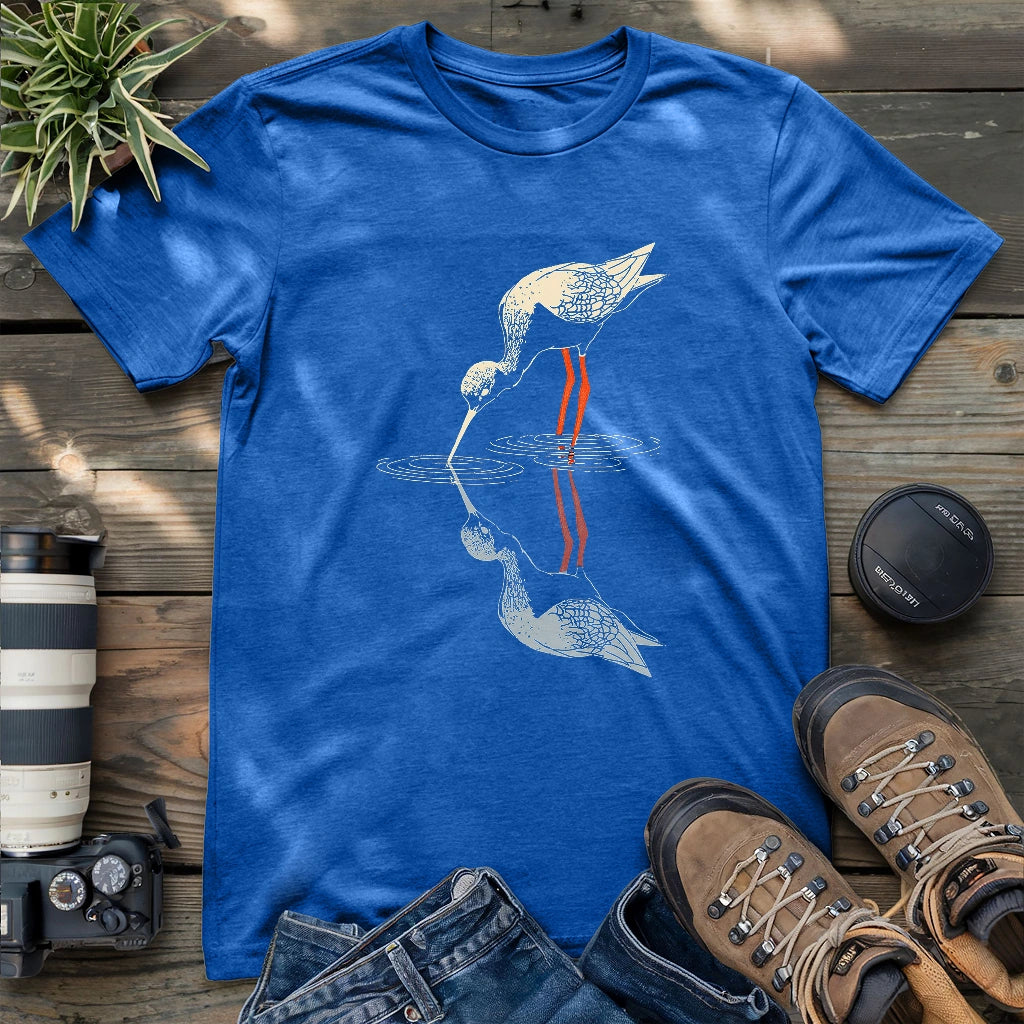 Black-necked stilt shadow on water shirt.