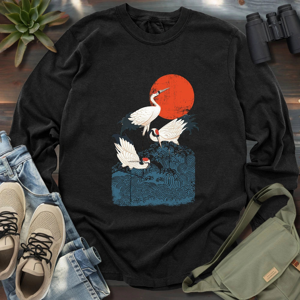 Crimson Sun Cranes Long Sleeve T-shirt