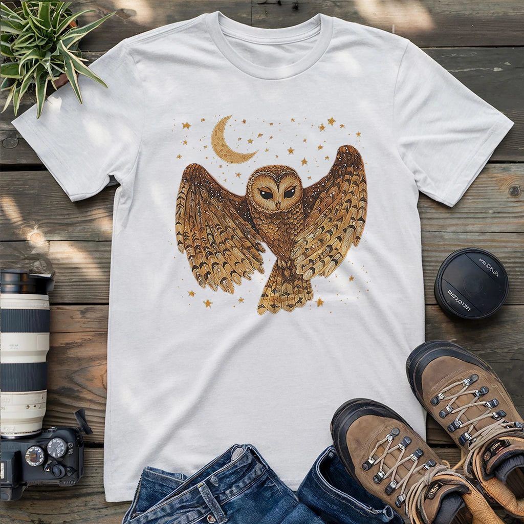 White owl graphic t-shirt with moon and starlit night illustration