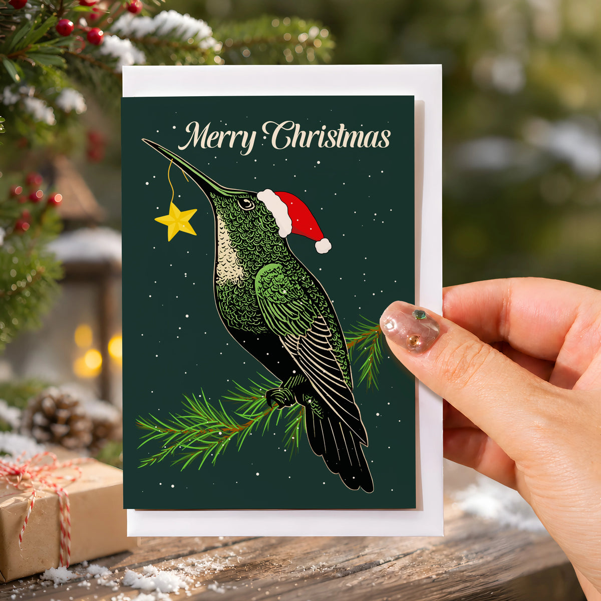 Christmas Green Hummingbird Greeting Card