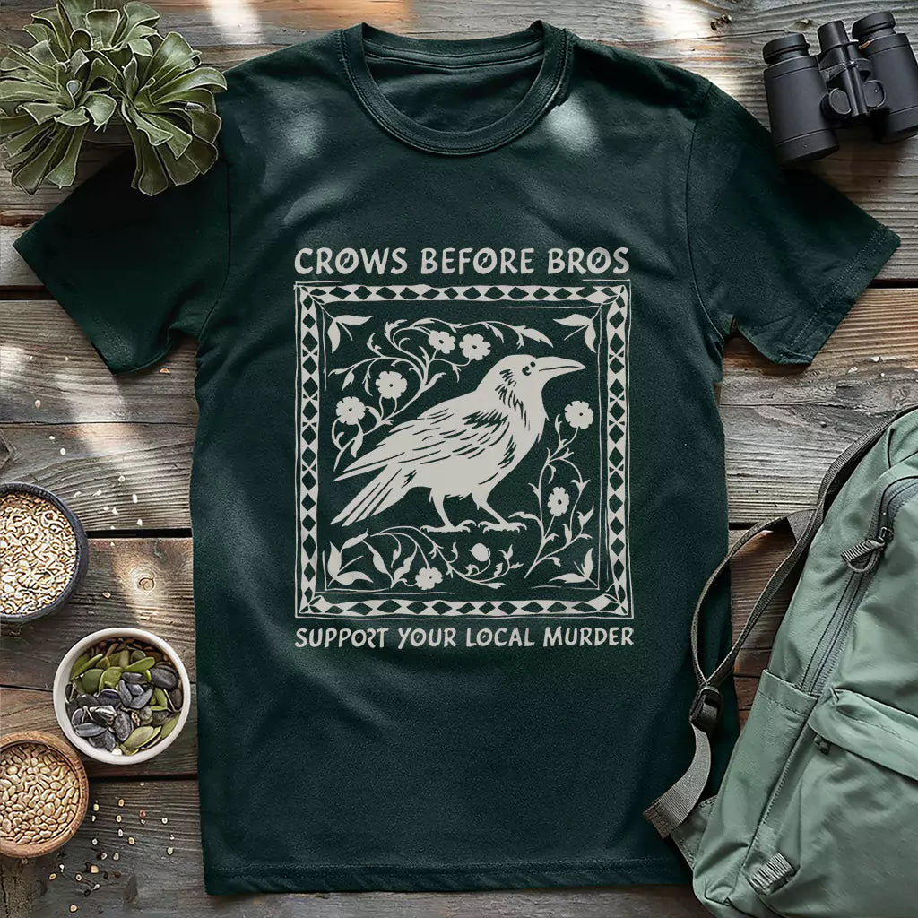 Forest green shirt with “Support Your Local Murder” crow design