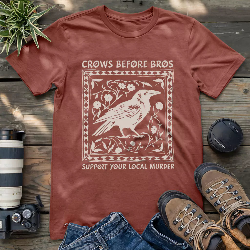 Heather mauve tee with vintage-style raven and “Crows Before Bros” phrase