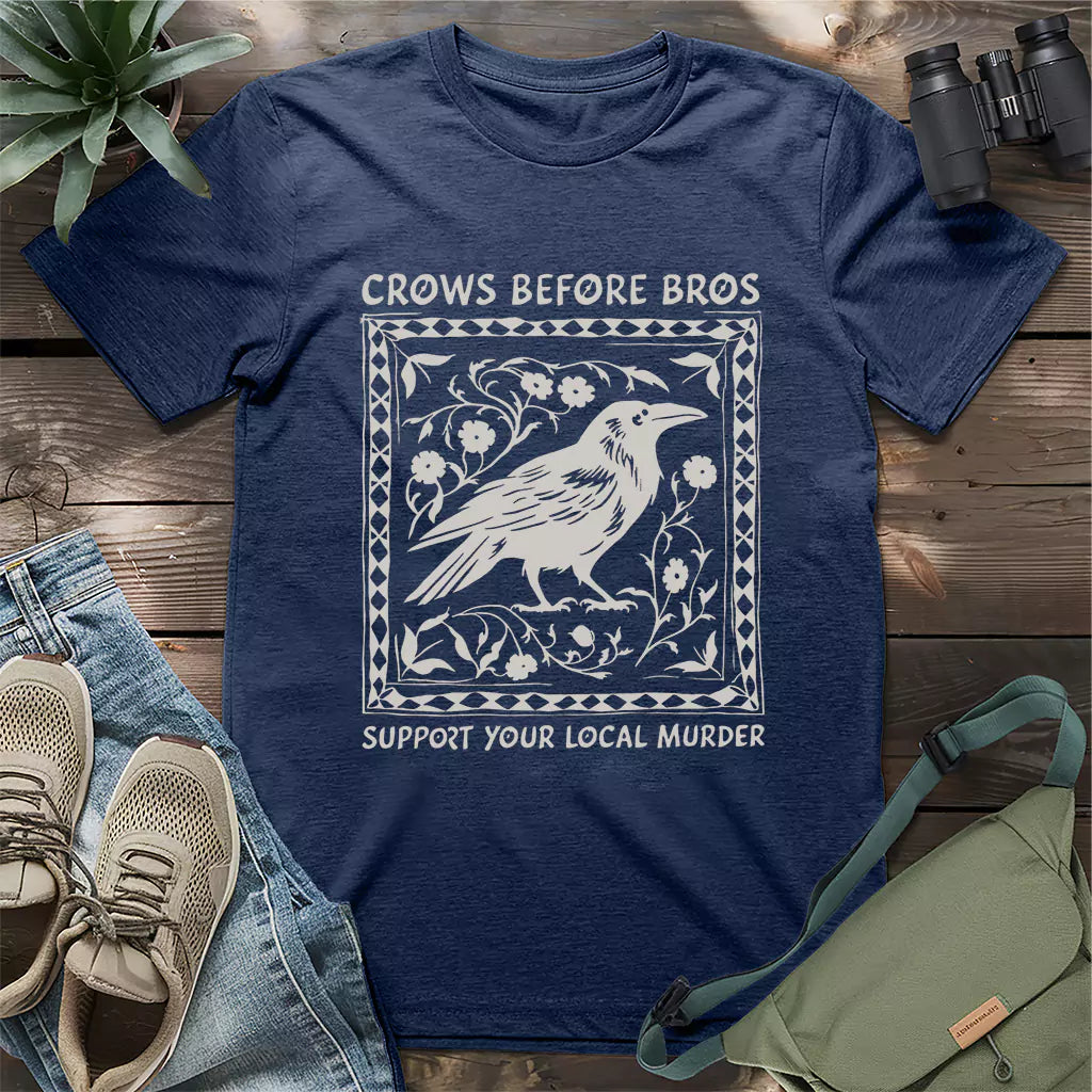Heather navy t-shirt with illustrated crow and “Support Your Local Murder” slogan