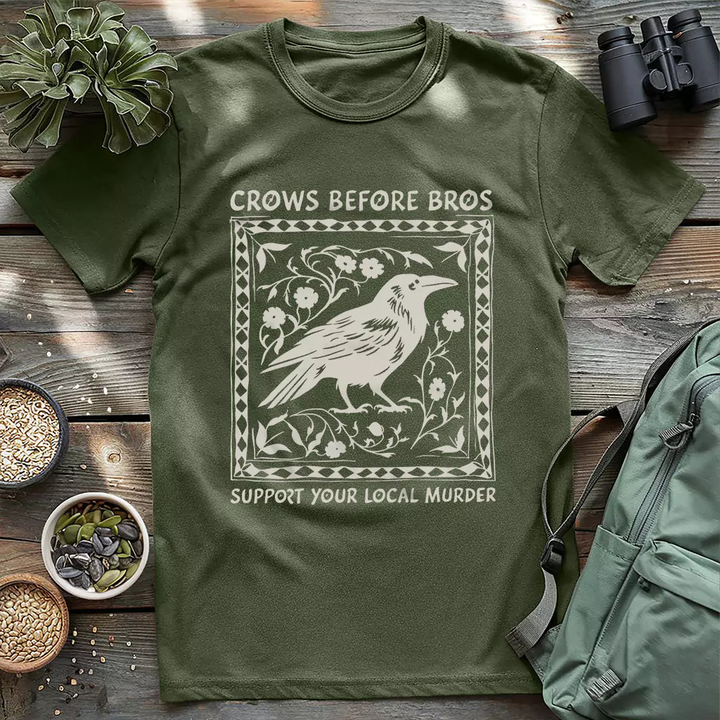 "Crows Before Bros" t-shirt in military green with medieval crow and floral frame