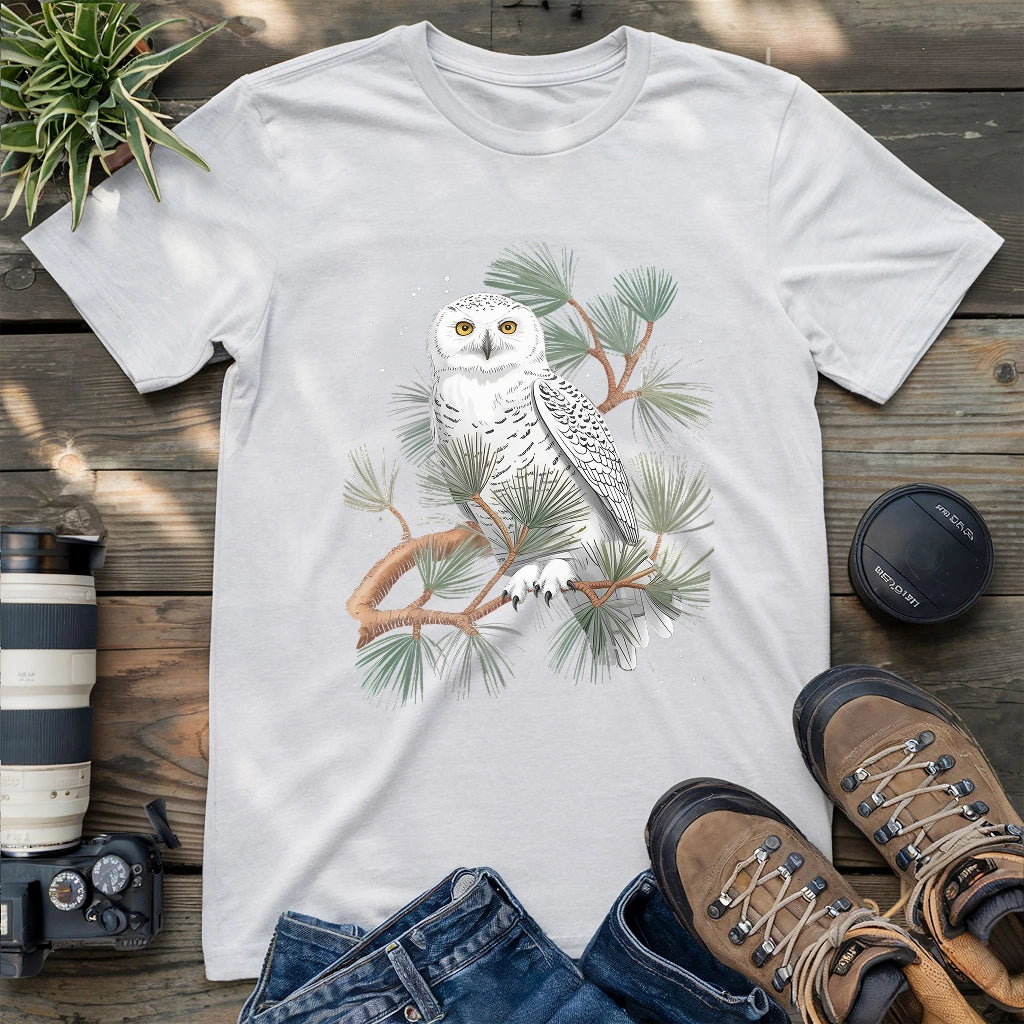 Snowy Owl On Coniferous Tree T-shirt