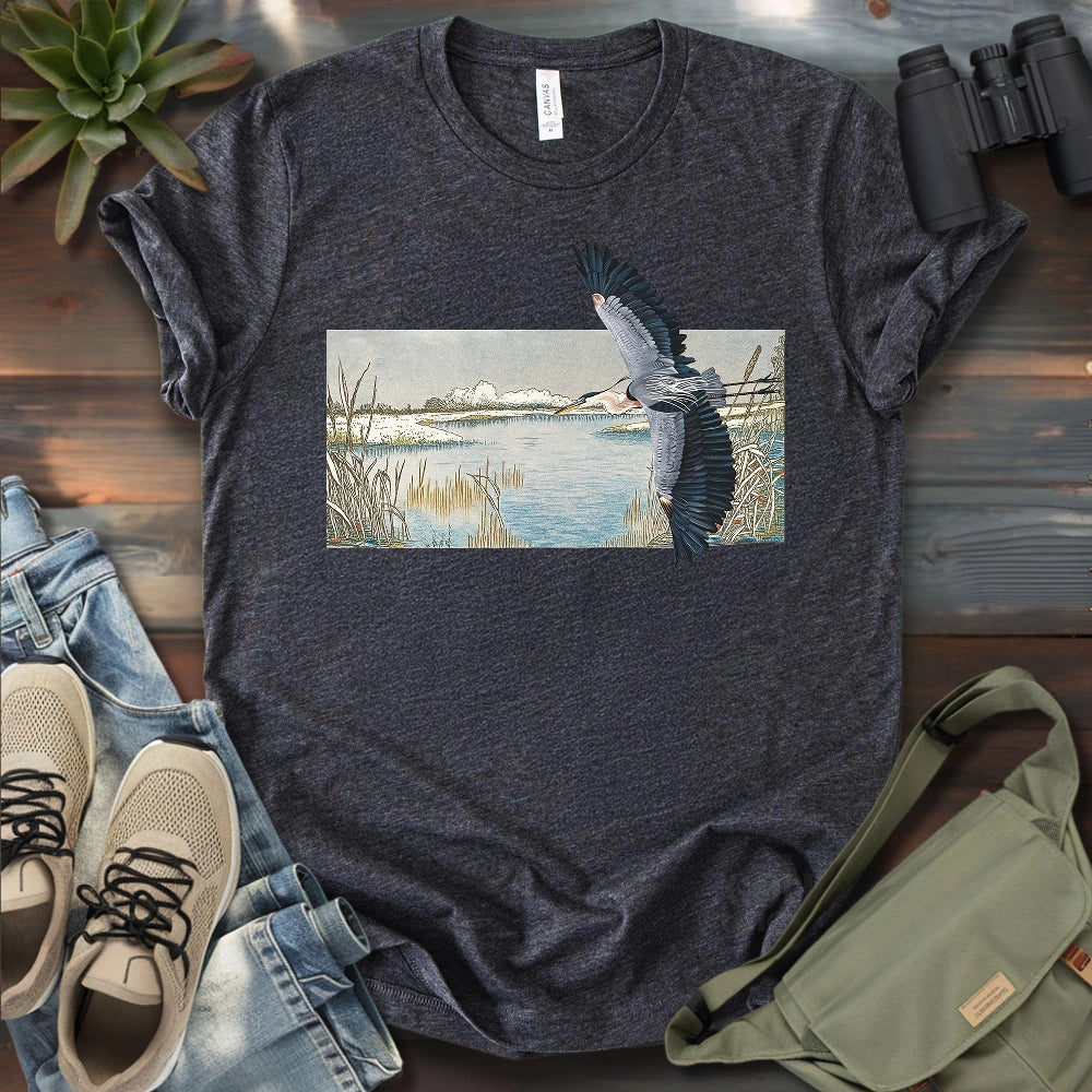 Heron Flying Over Marsh T-shirt