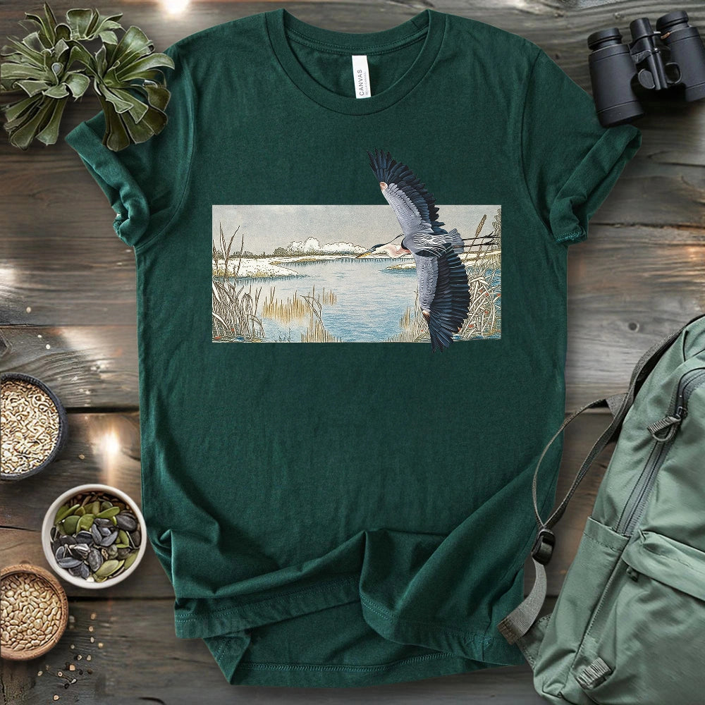 Heron Flying Over Marsh T-shirt