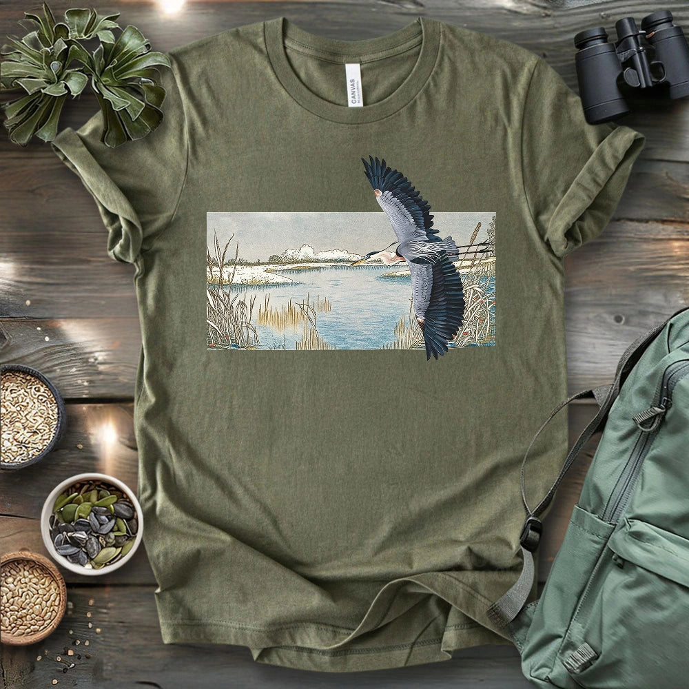 Heron Flying Over Marsh T-shirt