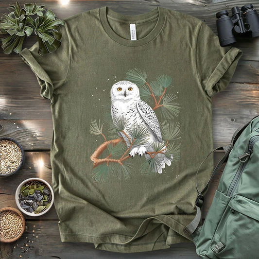 Snowy Owl On Coniferous Tree T-shirt