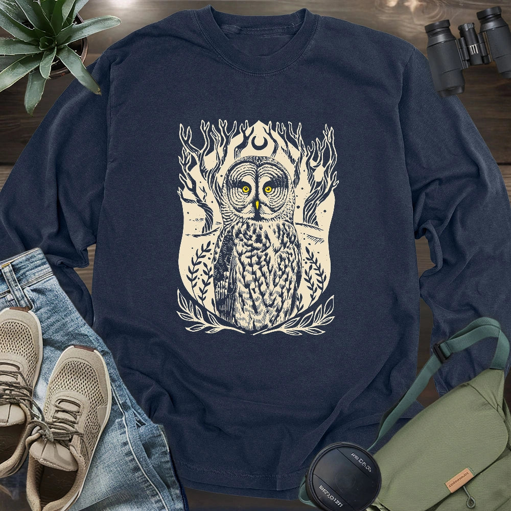 Great Grey Owl Linocut Long Sleeve T-shirt