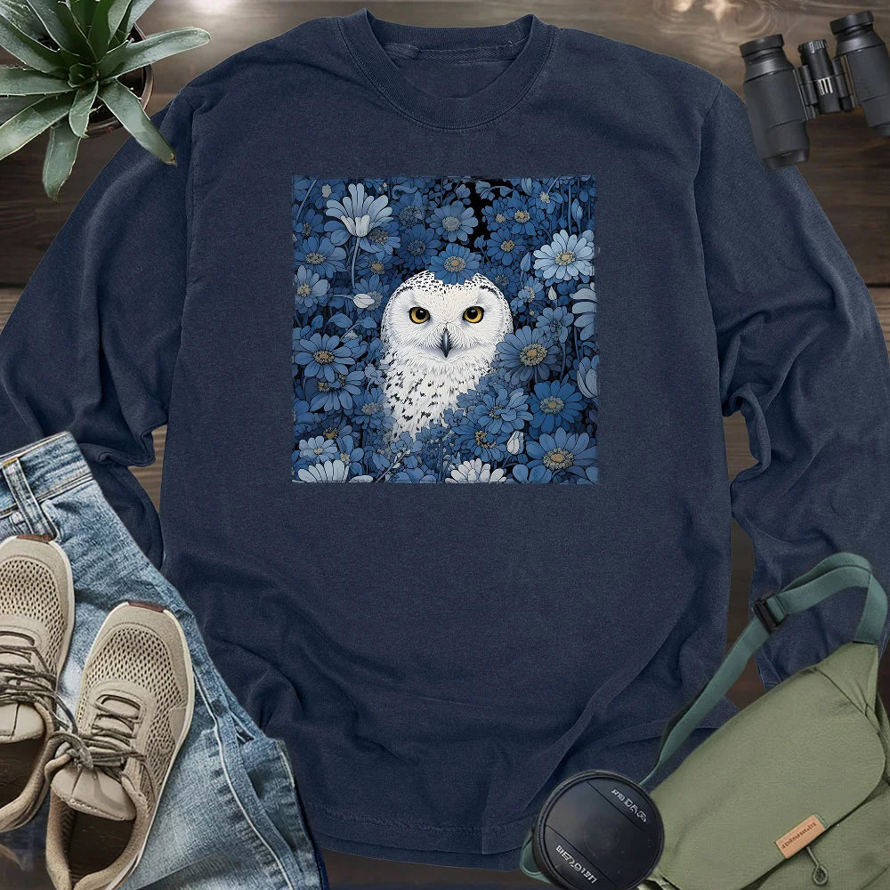 Snowy Owl In Flower Field Long Sleeve T-shirt