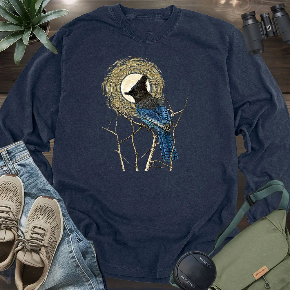 Steller's Jay Under Forest Moonlight Long Sleeve T-shirt