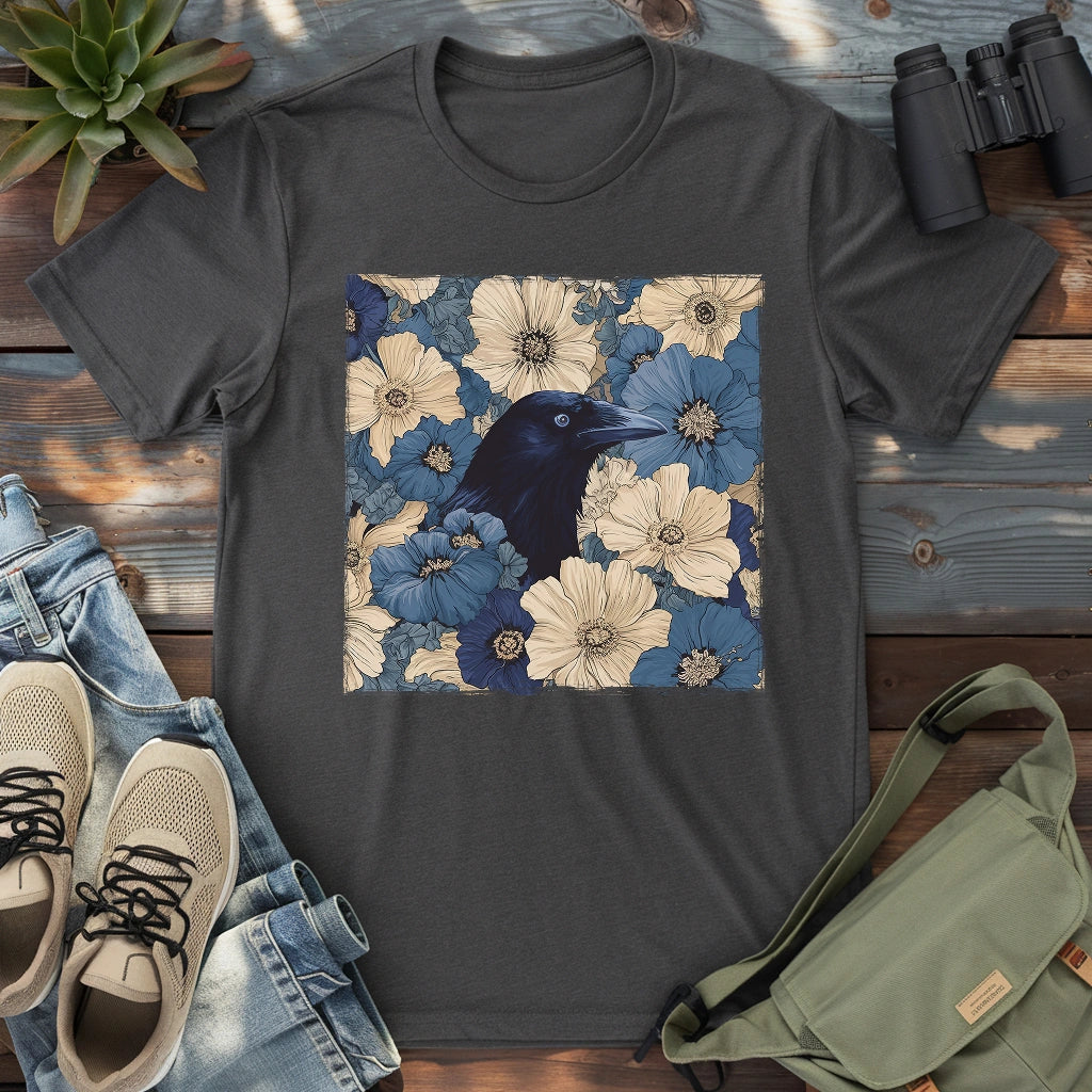 Dark grey heather shirt with detailed raven and blue flowers