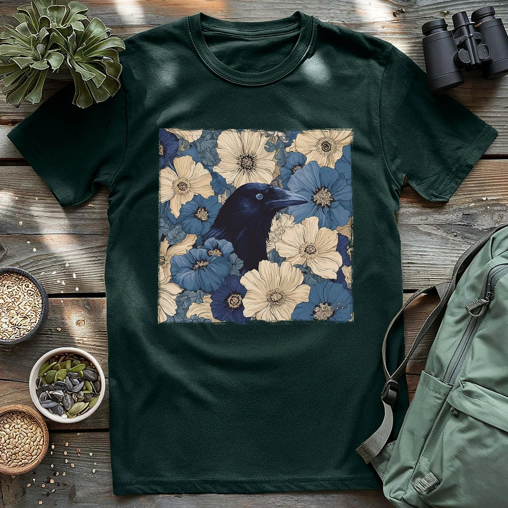 Vintage crow and floral graphic on forest green t-shirt