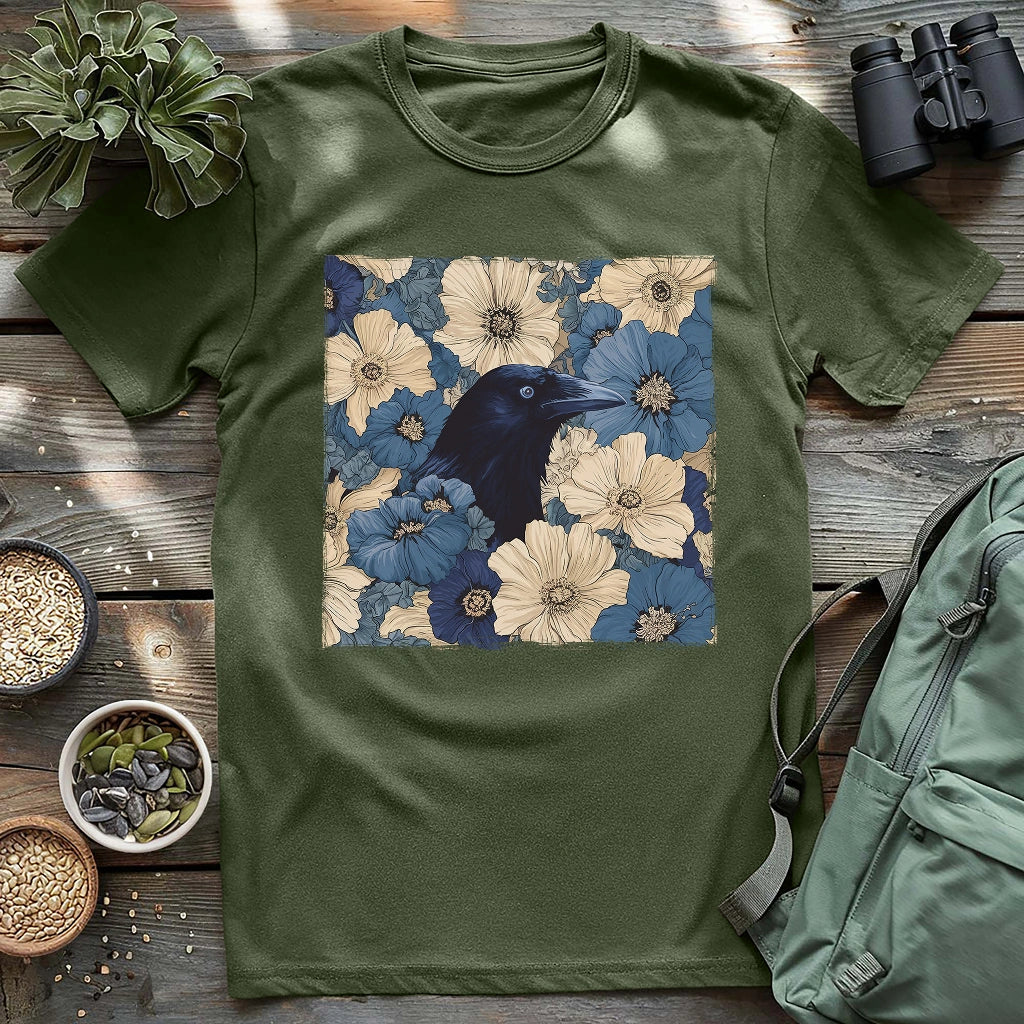 Raven in blue floral design on military green unisex t-shirt