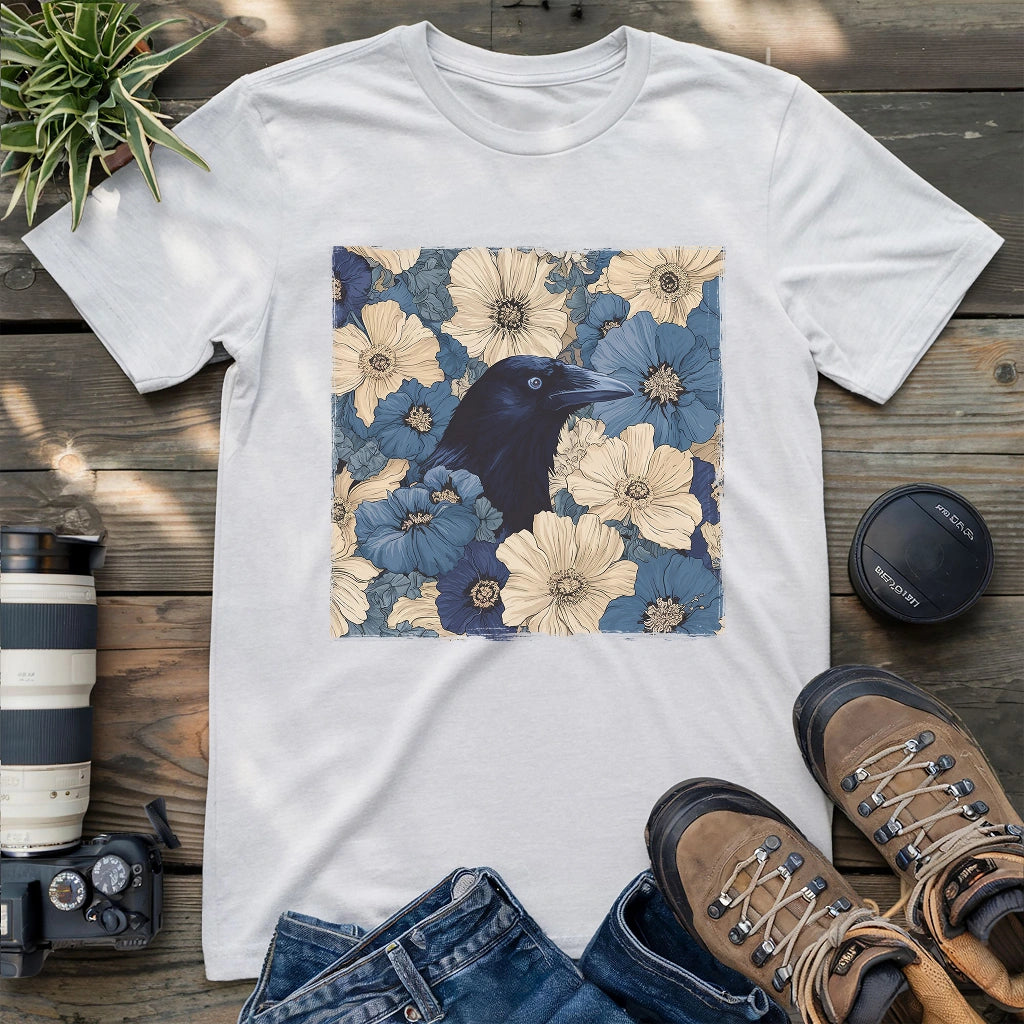 Classic white tee with blue floral raven illustration print