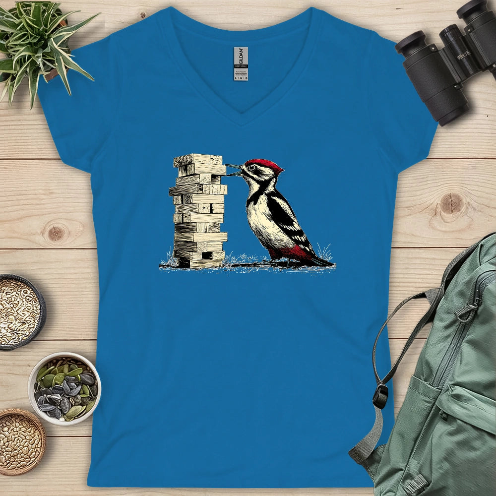 Woodpecker Playing Jenga Lady V-neck