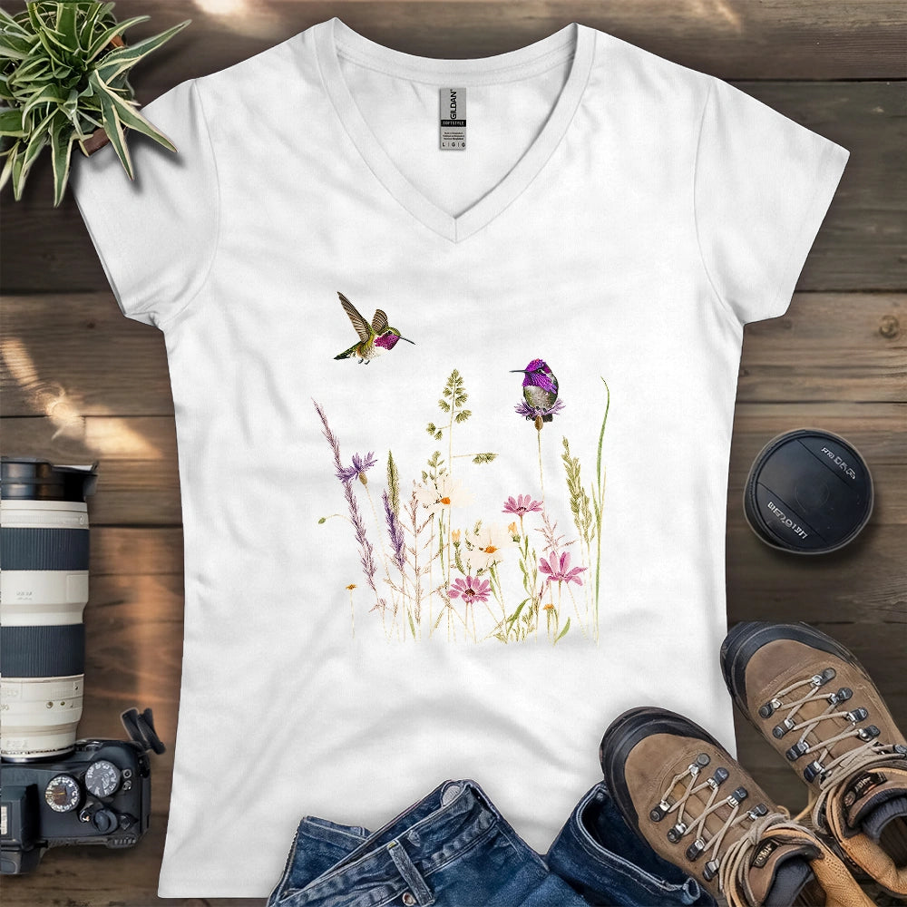 Hummingbirds And Wildflowers Lady V-neck