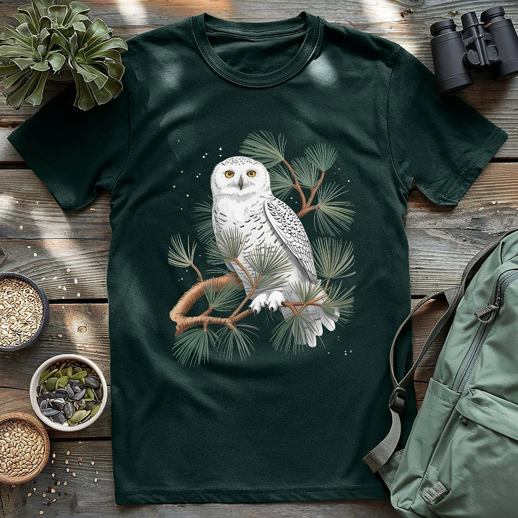 Snowy Owl On Coniferous Tree T-shirt