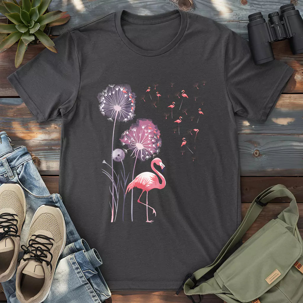 Beautiful pink flamingo dandelion shirt.
