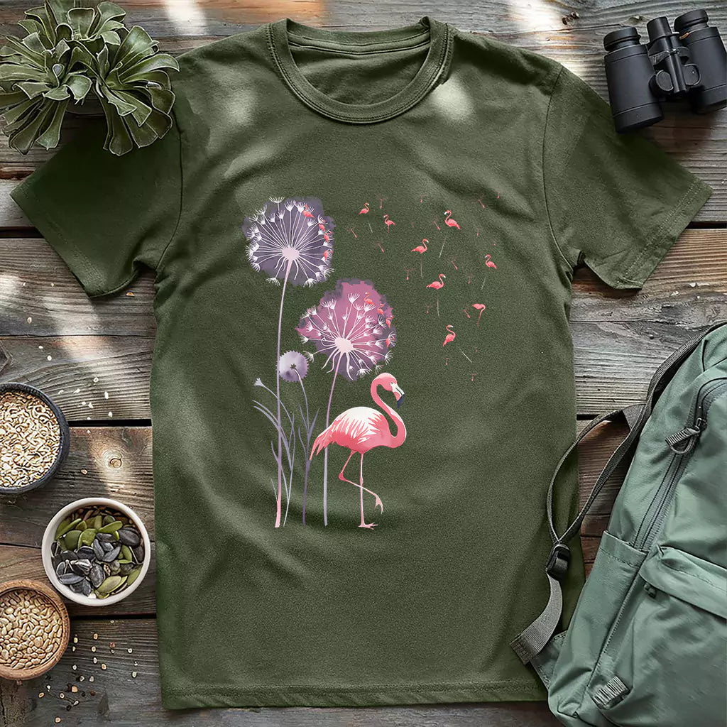 Beautiful pink flamingo dandelion shirt.
