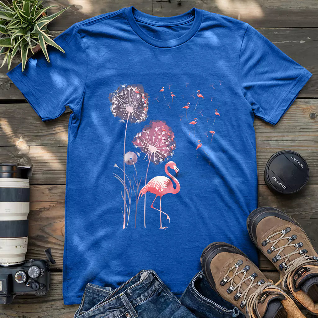 Beautiful pink flamingo dandelion shirt.