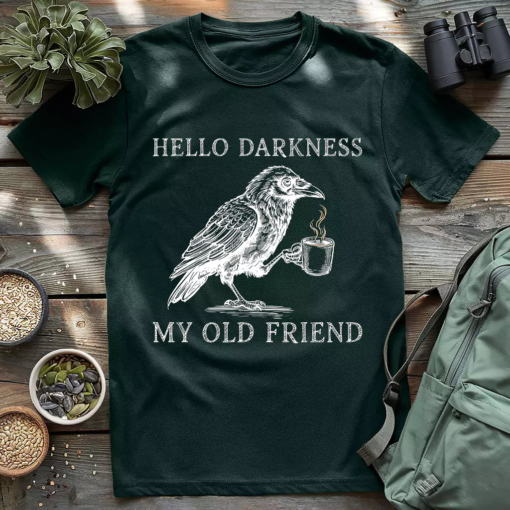 Crow drinking coffee "hello darkness my old friend" shirt.