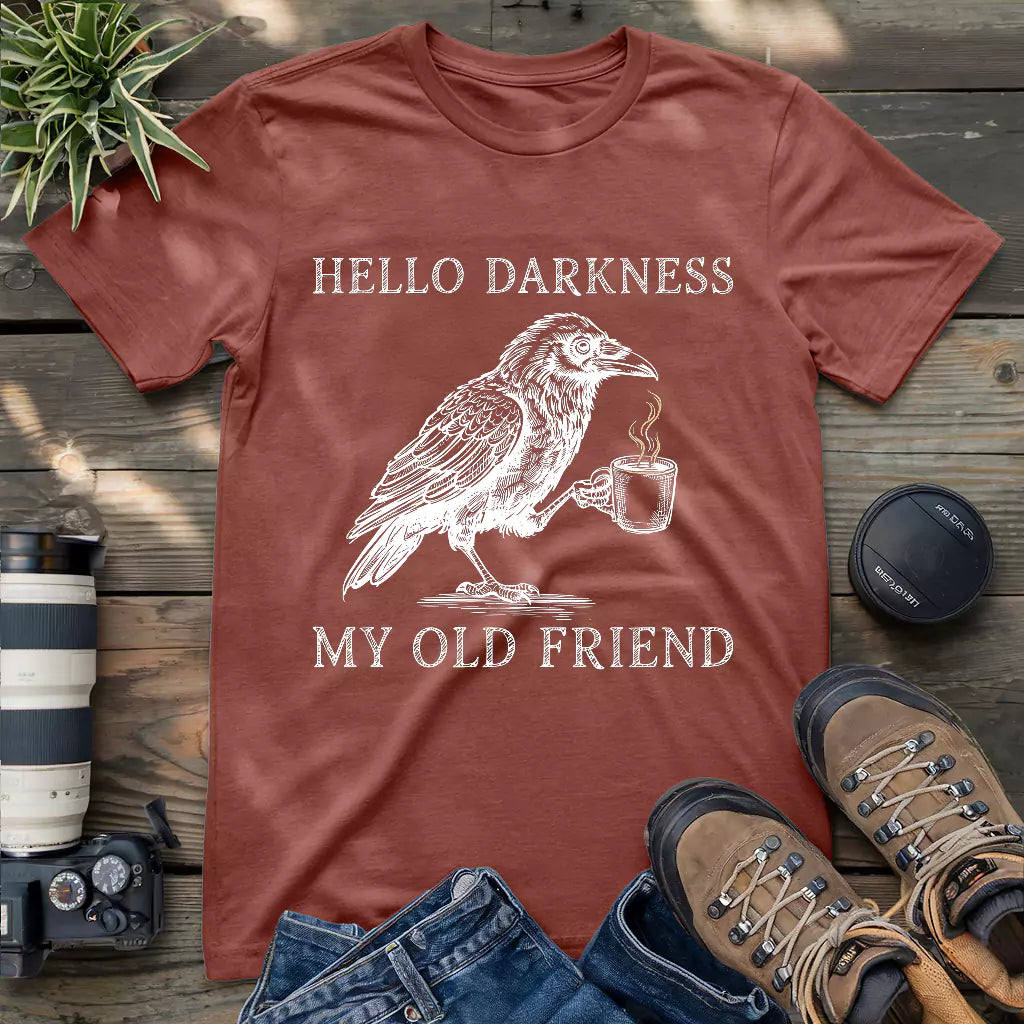 Crow drinking coffee "hello darkness my old friend" shirt.