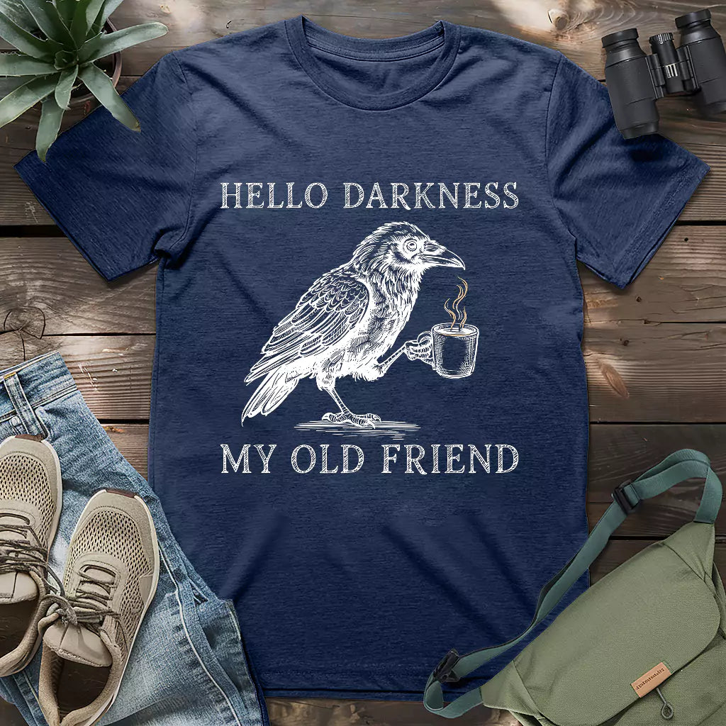 Crow drinking coffee "hello darkness my old friend" shirt.