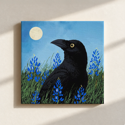 Moonlit Raven & Bluebonnets Canvas Print