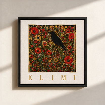 Klimt Raven In Flower Filed Canvas Print (Framed)