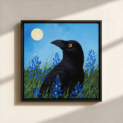 Moonlit Raven & Bluebonnets Canvas Print (Framed)