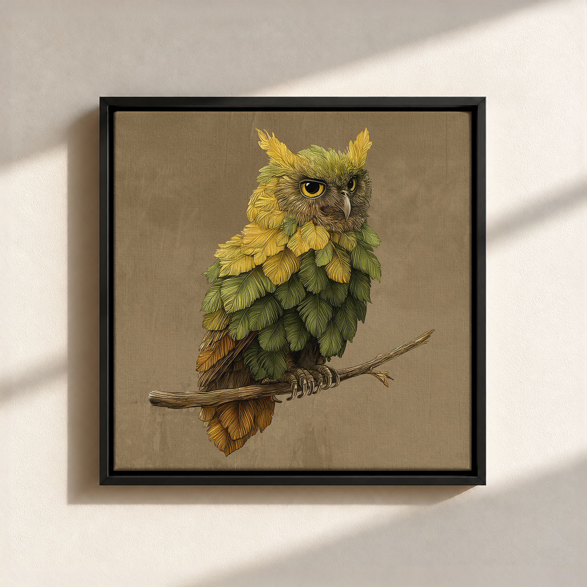 Owl Made By Leaves Canvas Print (Framed)