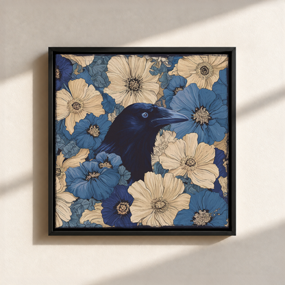 Raven In Flower Field Canvas Print (Framed)