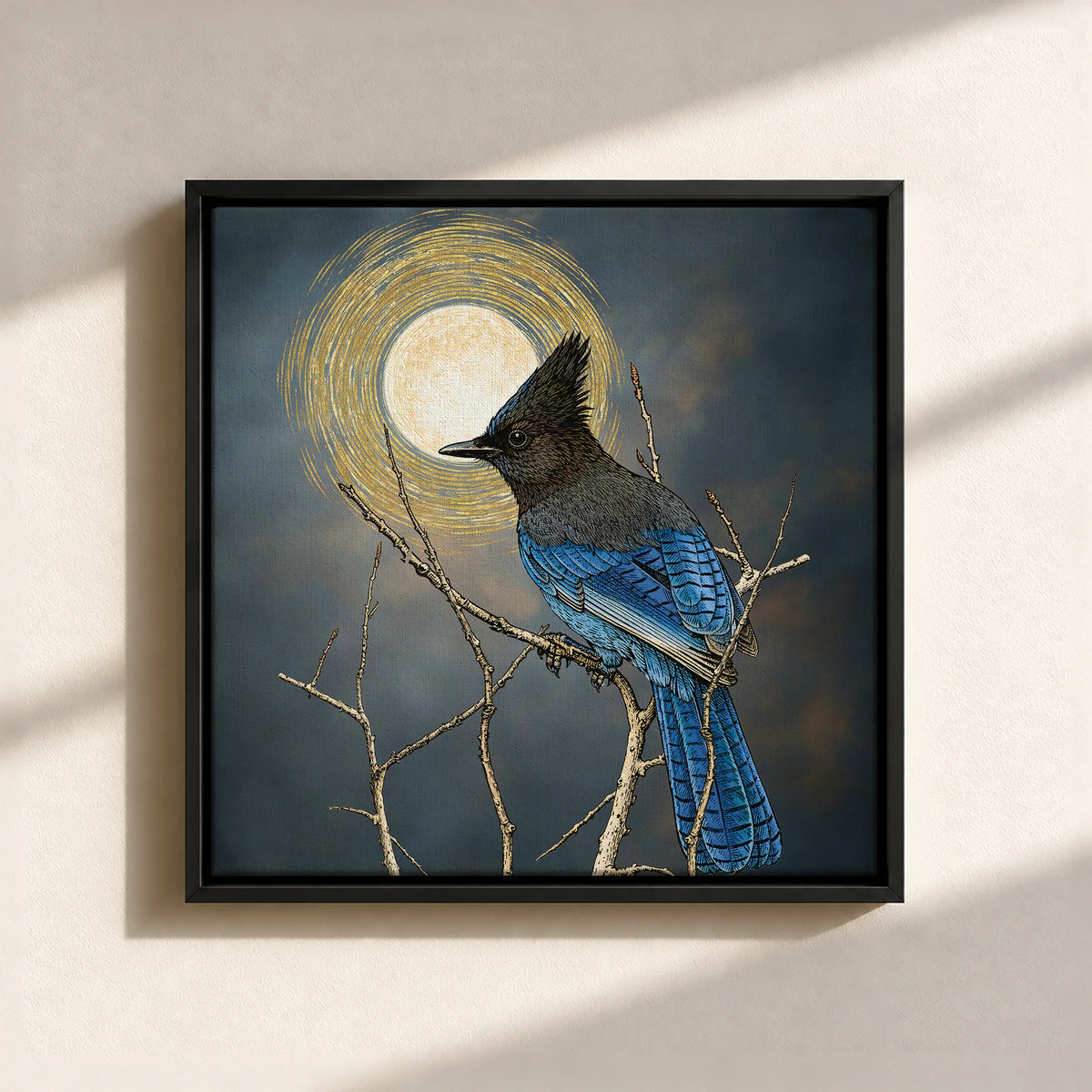 Steller's Jay Under Forest Moonlight Framed Canvas Print
