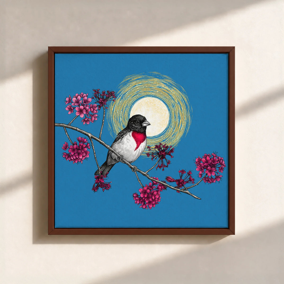 Grosbeak Under Forest's Moonlight Canvas Print (Framed)