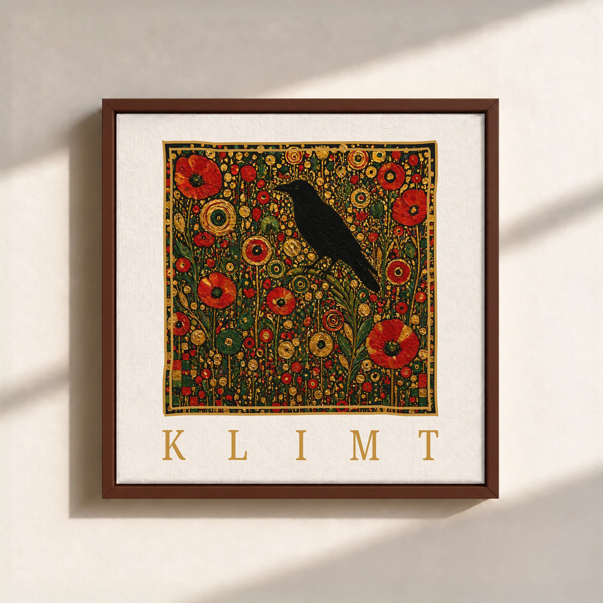 Klimt Raven In Flower Filed Canvas Print (Framed)