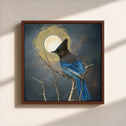Steller's Jay Under Forest Moonlight Framed Canvas Print