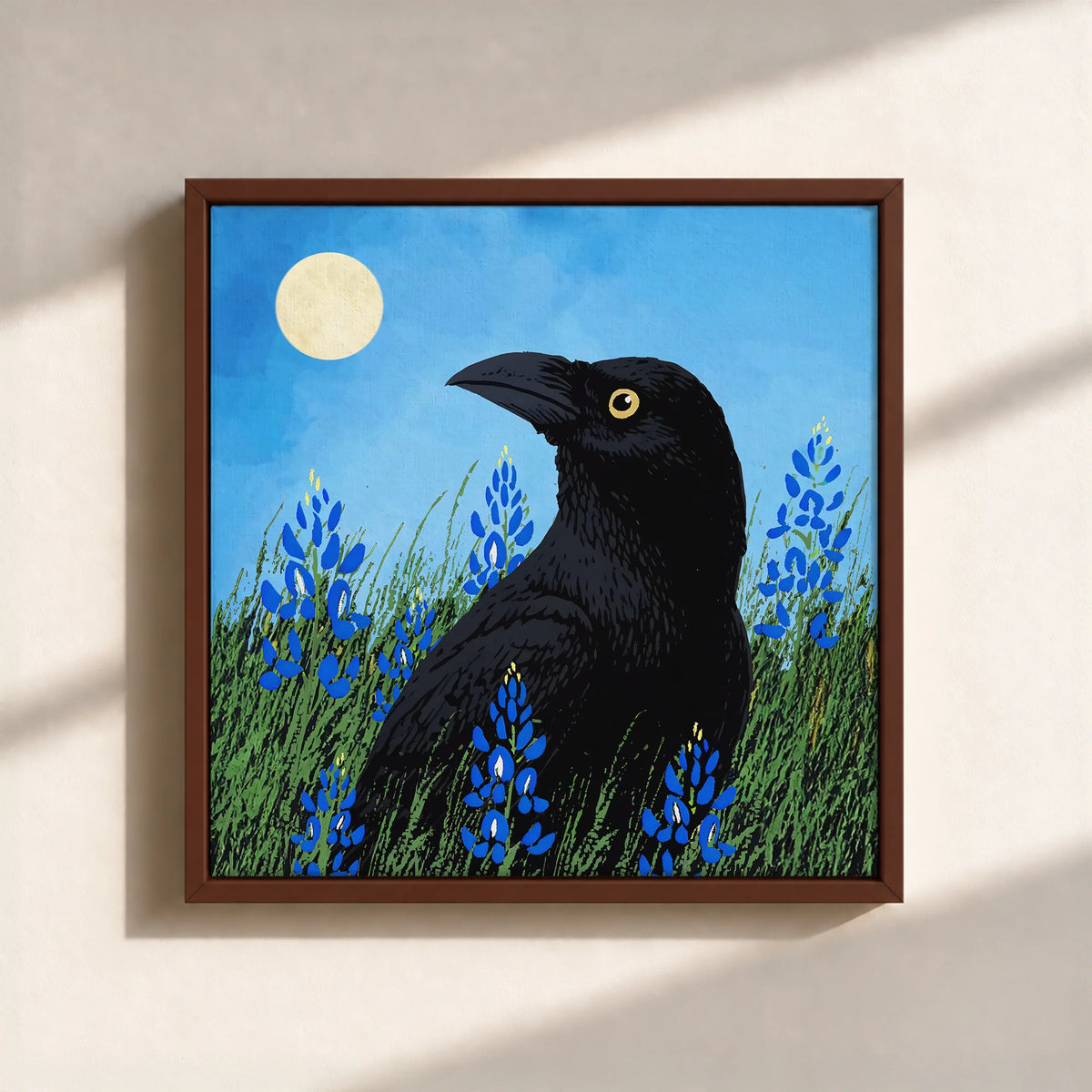 Moonlit Raven & Bluebonnets Canvas Print (Framed)