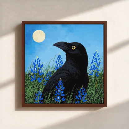 Moonlit Raven & Bluebonnets Canvas Print (Framed)