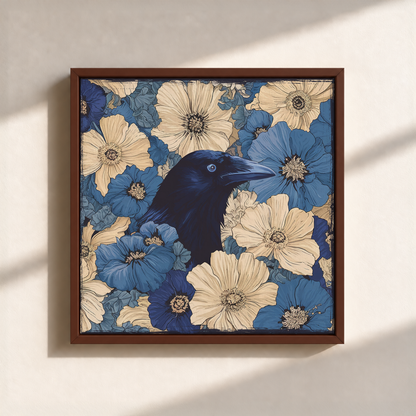Raven In Flower Field Canvas Print (Framed)